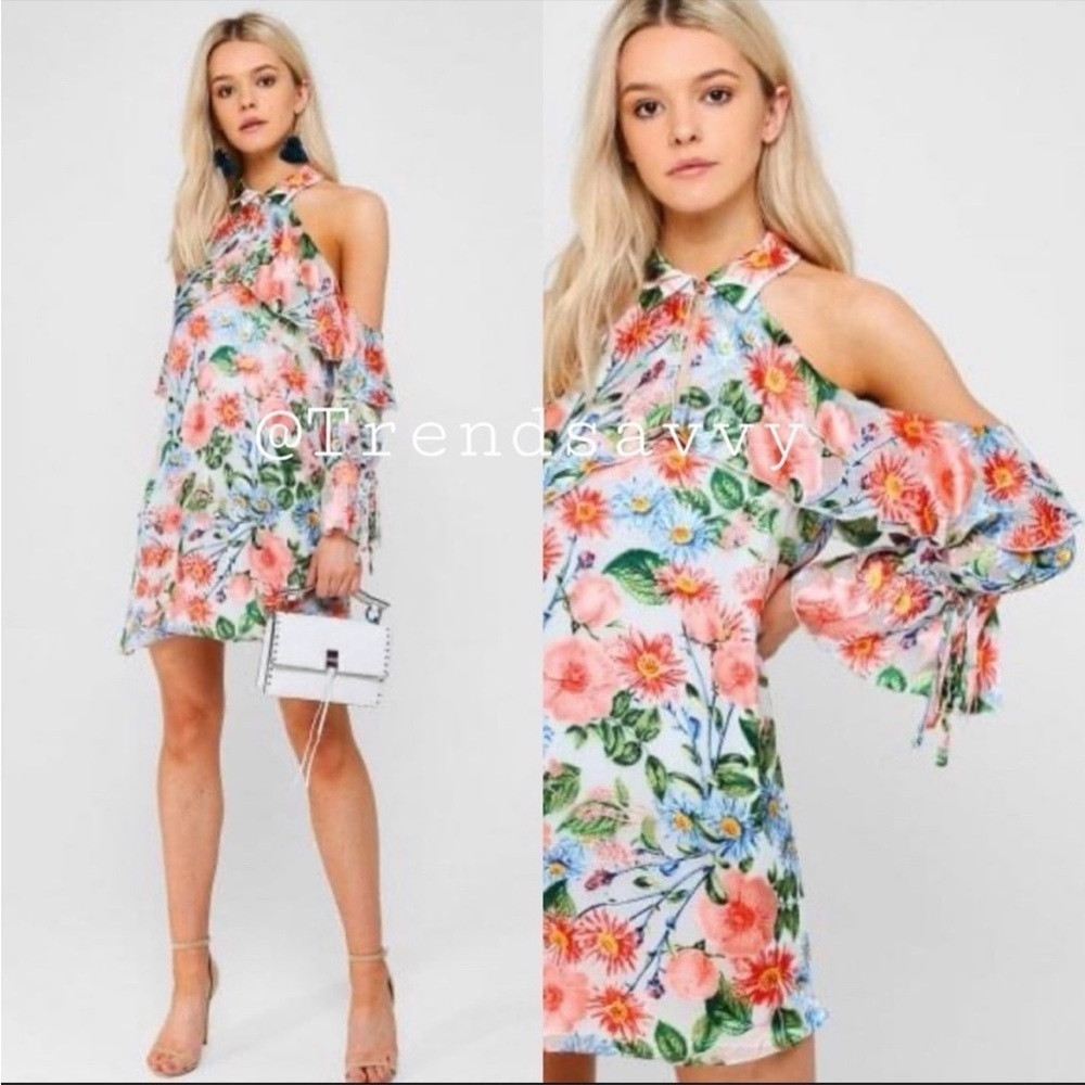 Alice Olivia Blayne Floral Silk Chiffon Cold Shoulder Mini Dress M Garden Party